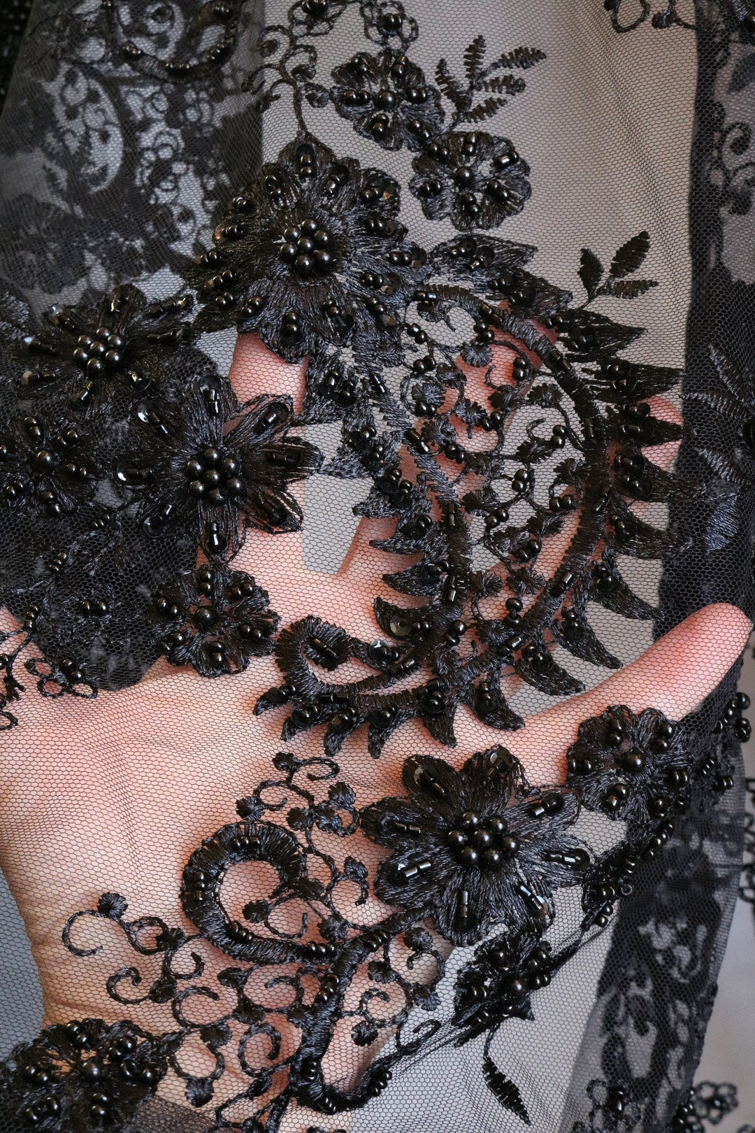 Black Beaded Lace Fabric Embroidery Lace Lace Fabric Bridal - Etsy UK