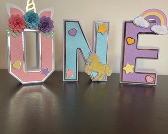 ONE 3D Letters. Unicorn Theme First Birthday Party Decorations. Paper 3D Letters. Unicorn 3D Letters