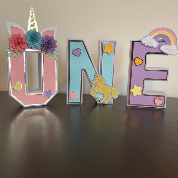 ONE 3D Letters. Unicorn Theme First Birthday Party Decorations. Paper 3D Letters. Unicorn 3D Letters