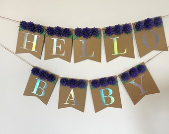 Floral Baby Shower Banner, Floral Name Banner, Floral HELLO BABY Banner, Baby Name Banner, Purple Pink Yellow Floral Baby Shower Decorations