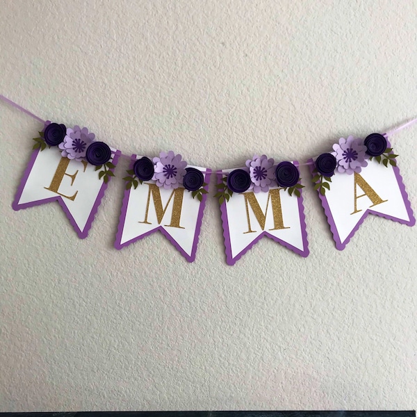 Personalize Name Banner, Purple Floral Banner, Baby’s Room Banner, Bridal Shower, Baby Shower Banner, Birthday Banner