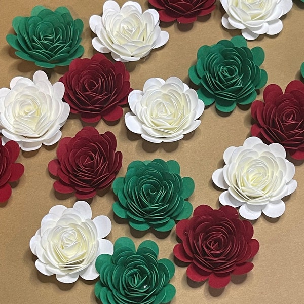 18pc Rolled Green, White , Red Paper Flowers Roses 1” inch, Paper Flowers For Craft Project, Rolled Flowers