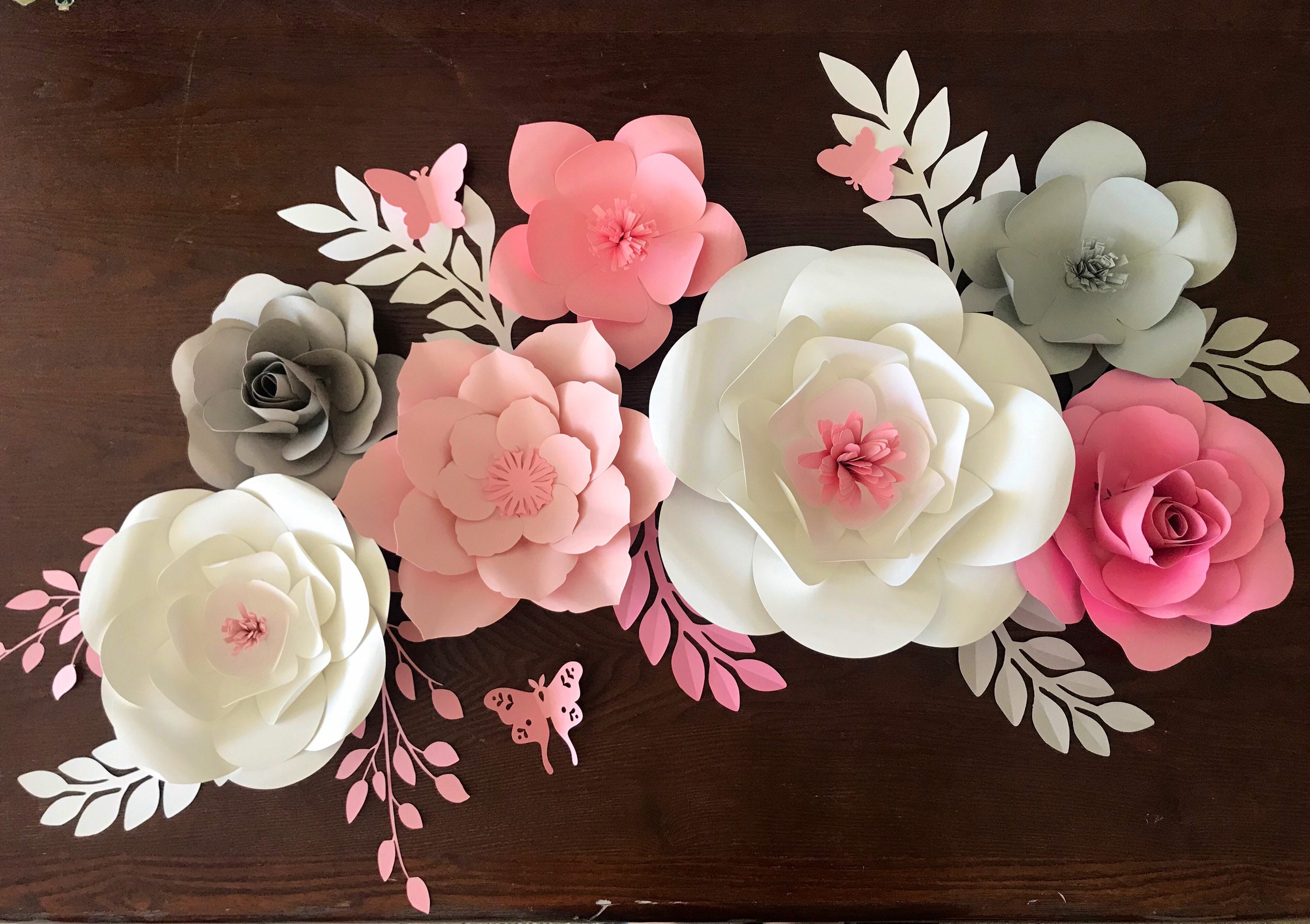 Pink Nursery Wall Flower Set Pink White Gray Wall Floral Etsy