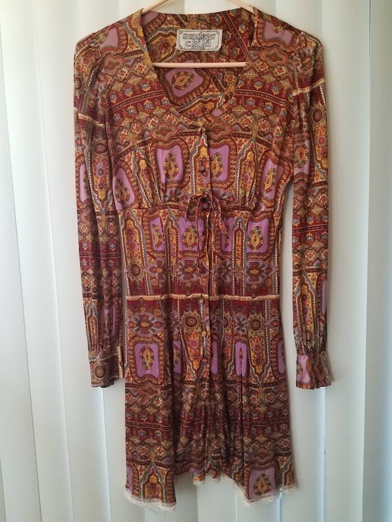 Vintage 70s Silky Long Sleeve Pattern Dress