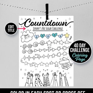 40 dagen uitdaging aftellen, geen suiker, gewichtsverlies, trainingsdoelen, gewoonte volgen, zwart en wit, Bullet Journal, digitaal, afdrukbaar