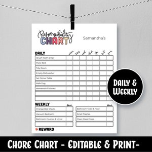 Chore Chart for Kids | Instant Download | Printable | Responsibility Chart | Weekly & Daily Tasks | Family Chores | EDITABLE