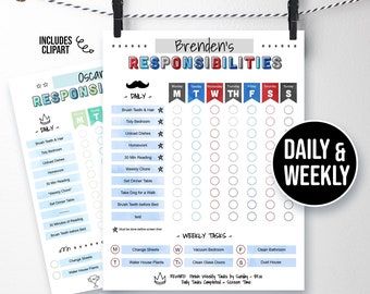 2 Editable Chore and Responsibilities Charts, Kids Teens Weekly & Daily Tasks, Screen Time Reward, Doodles Clipart, Blue Red Green Template