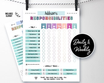 Bewerkbare taak- en verantwoordelijkhedengrafiek, wekelijkse en dagelijkse taken voor kinderen, tieners, schermtijdbeloningen, doodles, sjabloon PPTX afdrukbare download