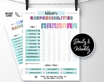 Editable Chore and Responsibilities Chart, Kids Teens Weekly & Daily Tasks, Screen Time Rewards, Doodles, Template PPTX Printable Download