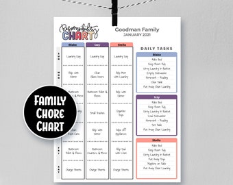 2-3 Multiple Kids & Family Chore Charts  | Instant Download | Printable | Responsibility Chart | Weekly Daily Tasks Children | EDITABLE