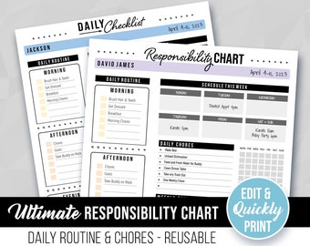 Het ultieme verantwoordelijkheidsschema! Afdrukbare bewerkbare | Voor dagelijkse wekelijkse klusjes, routines, doelen, checklist | Kinderen Tieners Volwassenen, Sjabloon