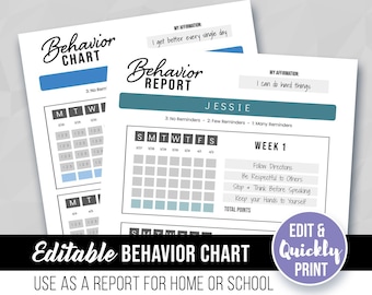 Behavior Report Chart - Printable Editable | Daily Weekly Improvement at Home & School, Habits, Goals, Checklist | Kids Teens ADHD, Template