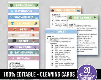 Cleaning Cards Editable, Printable, Chore Checklist for Kids or ADHD, Weekly Responsibility List, House Bathroom Bedroom Instructions LIGHT