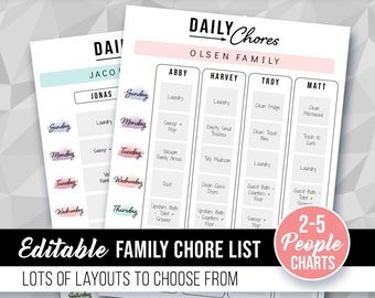 Printable Editable Family Chore Chart for 2 3 4 or 5 People, Responsibility, Weekly Daily Kids Cleaning Schedule, Multiple Children, Edit