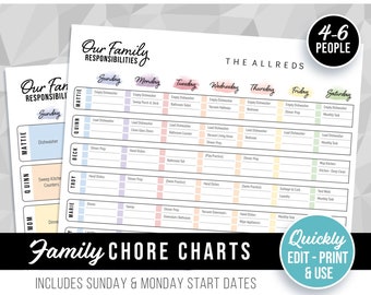 Create a Family Chore Chart! 4-6 People Responsibility Printable, Weekly Kids Cleaning Schedule Checklist Template, Multiple Children, Edit