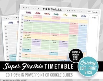 Editable Printable Timetable Schedule, Weekly Study Planner, Template for PowerPoint or Google Slides, Easy Edits, Students, Work from Home