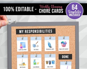 64 Weekly Chore Cleaning Cards Editable, Printable, Checklist for Kids, Weekly Responsibility List, Great for Corkboard To-Do & Done Lists
