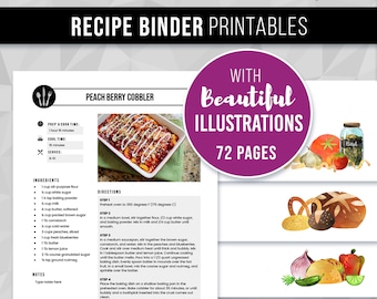 Illustrated Recipe Binder Template & Dividers Printable, Family Cookbook Set, 8.5x11 Pages, Book Cover, Food Categories, Editable, Download