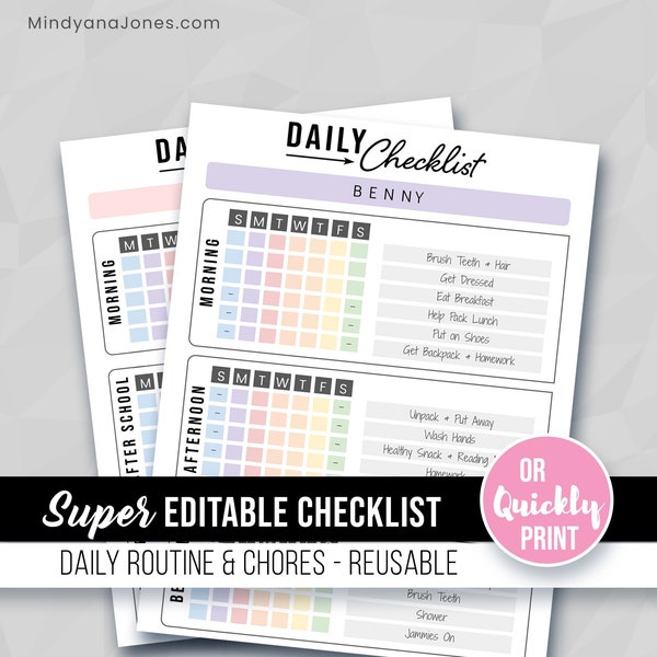 Printable Editable Daily Checklist for Kids Teen or Adults, Chore Chart To Do List, Routine ADHD, Schedule Morning Evening, 4 Template, PPTX