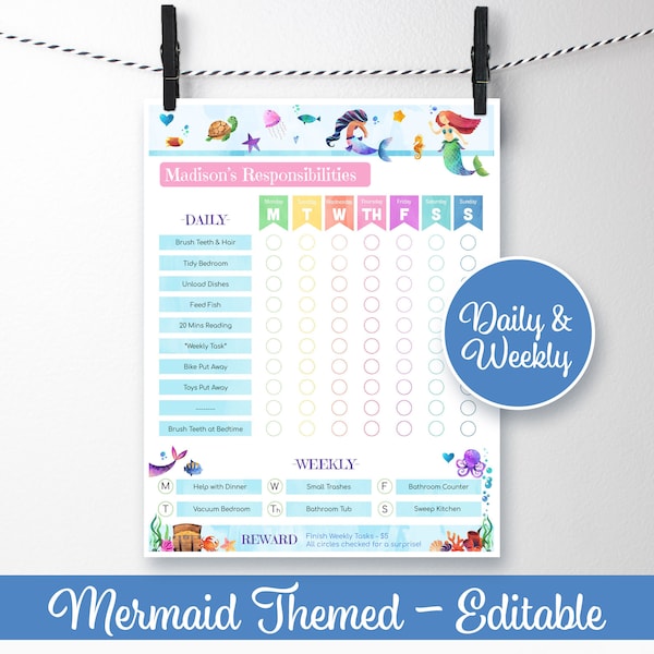 Mermaid Chore Chart for Kids, Weekly & Daily Tasks, Responsibility, Printable, Girls, Reward Under the Sea, Child Checklist, EDITABLE