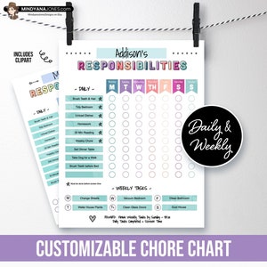 Editable Chore and Responsibilities Chart, Kids Teens Weekly & Daily Tasks, Screen Time Rewards, Doodles, Template PPTX Printable Download