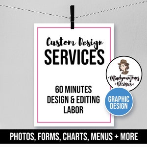 Puede incluir: Un cartel blanco con bordes rosas que anuncia servicios de diseño personalizados. El cartel dice "Custom Design SERVICES 60 MINUTES DESIGN & EDITING LABOR PHOTOS, FORMS, CHARTS, MENUS + MORE". Hay un círculo azul con las palabras "GRAPHIC DESIGN" y un logotipo con las palabras "Mindyana Jones DESIGNS".