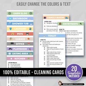 Cleaning Cards Editable, Printable, Chore Checklist for Kids or ADHD, Weekly Responsibility List, House Bathroom Bedroom Instructions LIGHT