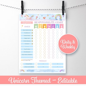 Unicorn Chore Chart for Kids, Weekly & Daily Tasks, Responsibility Chart, Screen Time, Girls, Reward Rainbows, Child Checklist, EDITABLE