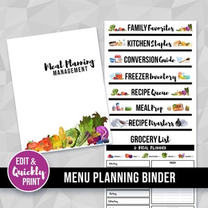 Menu & Kitchen Planning Binder Printable, Recipe Meal Planner Book, Weekly Daily Dinner, Organizer, Prep, Colorful Fruit Veggies, Editable