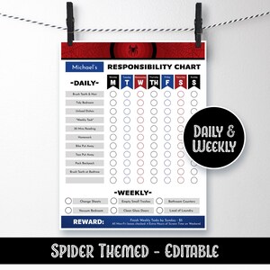 May include: A printable responsibility chart for kids featuring a spider web design. The chart includes daily and weekly tasks with checkboxes for each day of the week. The chart also includes a reward section for completing tasks.