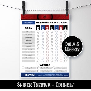 Spider Superhero Themed Chore Chart, Weekly & Daily Tasks, Daily Responsibilities, Screen Time, Hero Man, Checklist, Printable, EDITABLE