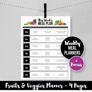 Planificador de menú semanal editable imprimible, planes diarios de cena para el almuerzo, organizador de comidas, planificación de listas de compras, frutas y verduras coloridas, carta A4