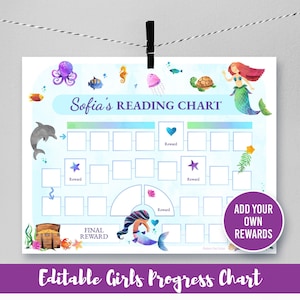 Bewerkbare Mermaid Ocean Progress Reward Chart, Lezen, Gedrag, Tandenpoetsen, Zindelijkheidstraining, Meisjes, Onder de zee, Sticker, Afdrukbaar