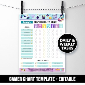 May include: A printable responsibility chart for children with a video game theme. The chart has a blue background with a yellow, pink, and purple border. It includes a section for daily tasks and a section for weekly tasks. The chart is titled "Responsibility Chart" and features a video game controller graphic.