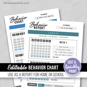 Behavior Report Chart - Printable Editable | Daily Weekly Improvement at Home & School, Habits, Goals, Checklist | Kids Teens ADHD, Template