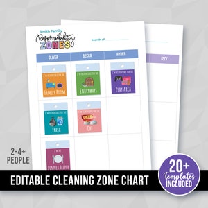 May include: Editable cleaning zone chart printable with 20+ templates included. The chart is designed for families with 2-4+ people and includes zones like family room, entryways, play area, trash, cat, and dinner helper.