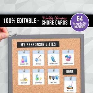 64 Weekly Chore Cleaning Cards Editable, Printable, Checklist for Kids, Weekly Responsibility List, Great for Corkboard To-Do & Done Lists