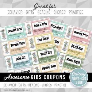 Carte coupon ricompensa per la famiglia, elenco stampabile per i bambini, compiti di comportamento di lettura, faccende domestiche, divertimento motivazionale, download modificabile