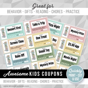 Family Reward Coupon Cards, Printable List for the Kids, Reading Behavior Tasks Chores Cleaning School, Motivational Fun, EDITABLE Download