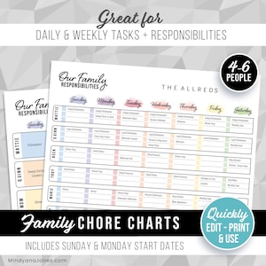 May include: A printable chore chart for families with 4-6 people. The chart is divided into days of the week and includes a list of chores for each family member. The chart is titled "Our Family Responsibilities" and includes the text "Quickly Edit - Print & Use".