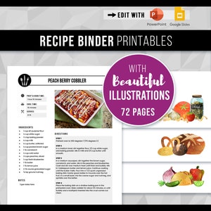 Illustrated Recipe Binder Template & Dividers Printable, Family Cookbook Set, 8.5x11 Pages, Book Cover, Food Categories, Editable, Download