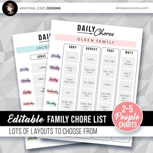 Printable Editable Family Chore Chart for 2 3 4 or 5 People, Responsibility, Weekly Daily Kids Cleaning Schedule, Multiple Children, Edit