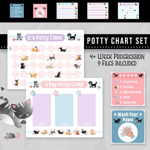 5 zindelijkheidstrainingskaarten plus badkamerborden, voortgangsbeloningskaartkit, katten, honden, spoeltoiletsticker, meisjesjongens peuter, afdrukbaar