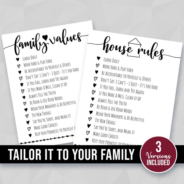 3 Familie Haus Regeln Zeichen | Sofortiger Download | Personalisierte DruckKunst | Lernen Sie jeden Tag | Home Werte | PowerPoint | Digitales Bundle EDITABLE