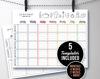 Monthly & Weekly Family Menu Planners, Printable Meal Schedule, Breakfast Lunch Dinner, Watercolor Modern, PPTX Download Editable