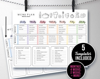 1-2 Week Family Meal Plan Templates, Weekly Dinner Menu Planner, Breakfast Lunch, Watercolor Modern Doodle, PPTX Download Editable Print