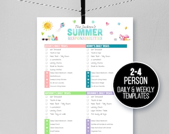 2-4 Person Daily SUMMER Responsibilities Family Chart, Kids To-Do List, Schedule Chores & Screen Time, Planner Printable, Download, Edit