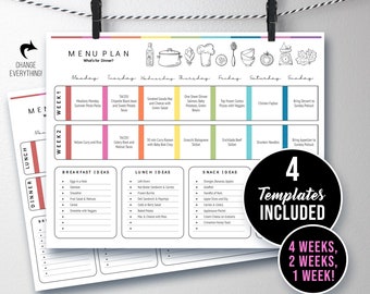 Printable Monthly Weekly Family Menu Planners, 1 2 4 Week Meal Schedule, Breakfast Lunch Dinner, Bright Happy Modern, PPTX Download Editable