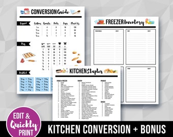 Kitchen Conversion Printable Cheat Sheet for Reference Binder, + Freezer Inventory & Staples List, Measurement Download, Organizer, JPEG PDF