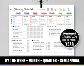 Bewerkbaar jaarlijks en maandelijks schoonmaakschema, afdrukbare maandplanner, huishuislijst karwei jaarlijks, 3 sjablonen, aquarel, PPTX of PDF